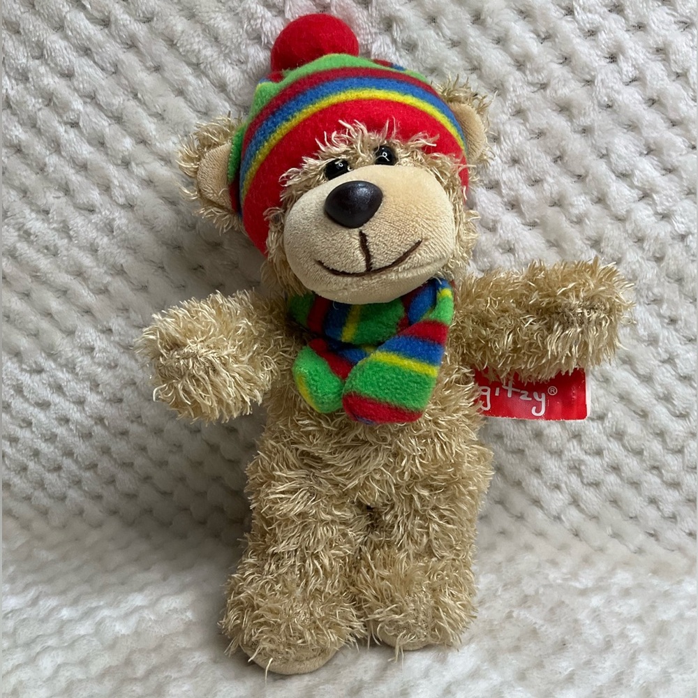 Gitzy Plush Tan Bear in Striped Hat and Scarf Stuffed Animal Toy
